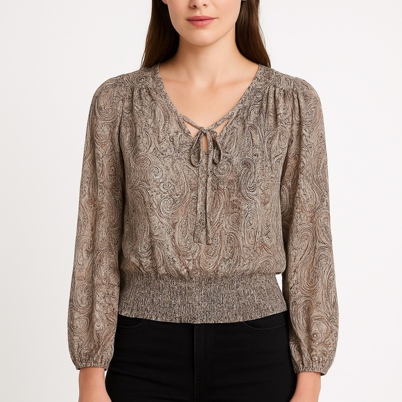 Joie Metallic Paisley Peasant Blouse Medium Smocked Waist Boho Chic Holiday - Picture 1 of 13